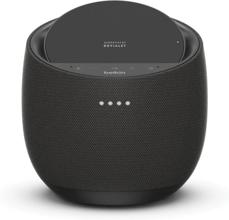 Belkin SOUNDFORM Elite Hi-Fi Smart Speaker + Wireless Charger (Alexa Voice-Controlled Bluetooth Speaker) Sound Technology By Devialet, Fast Wireless Charging for iPhone, Samsung Galaxy & More - White