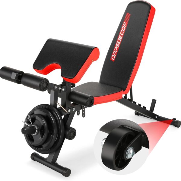 OPPSDECOR Adjustable Weight Bench with Leg Extension & Leg Curl - Flat/Incline/Decline for Workout Bench Press, Preacher Curl, Sit-Ups, 800LBS Home Gym Bench with Wheels