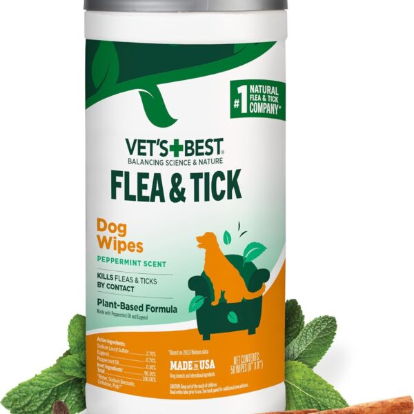 Vet's Best Natural Flea and Tick Wipes for Dogs  Natural Plant-Based Wipes for Flea and Tick Prevention  Certified Essential Oils  Pest Control for Kennels and Home Use  Made in USA  50 Count