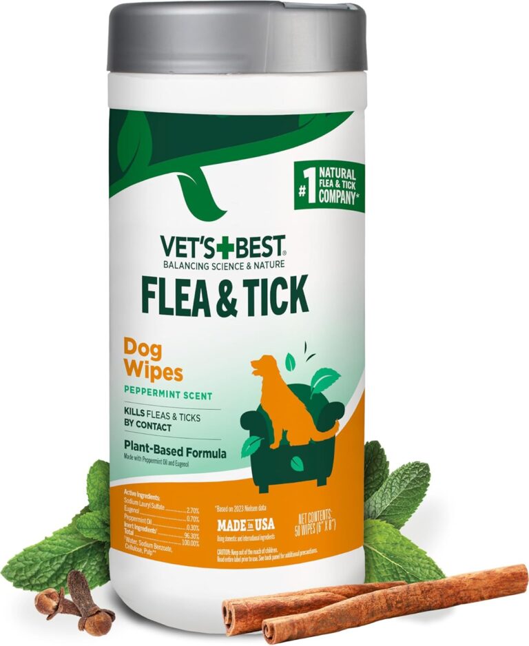 Vet's Best Natural Flea and Tick Wipes for Dogs  Natural Plant-Based Wipes for Flea and Tick Prevention  Certified Essential Oils  Pest Control for Kennels and Home Use  Made in USA  50 Count