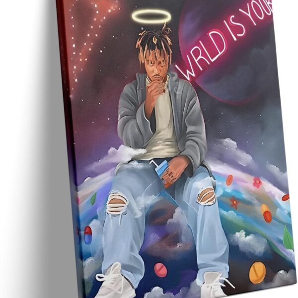 B.B.F MAKE Juice WRLD Canvas Wall Art Pop Rapper Sitting on World Poster Cosmic Picture Artwork, Music and Galaxy Aesthetic Wall Decor for Living Room Bedroom Game Room Bar Studio, Framed 8x10inch