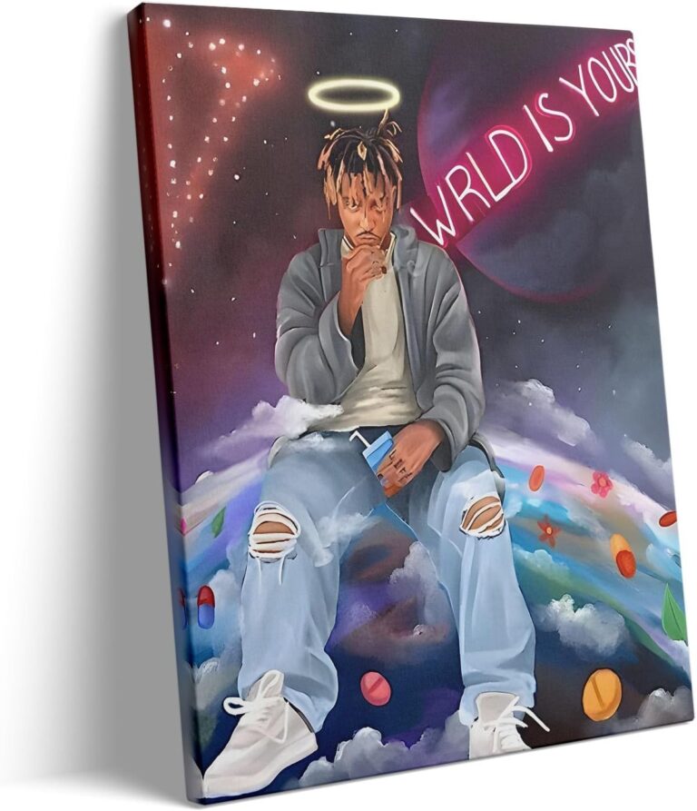B.B.F MAKE Juice WRLD Canvas Wall Art Pop Rapper Sitting on World Poster Cosmic Picture Artwork, Music and Galaxy Aesthetic Wall Decor for Living Room Bedroom Game Room Bar Studio, Framed 8x10inch