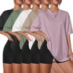 5 Pack Womens Oversized T Shirts Crew Neck Loose Fit Short Sleeve Tshirts Summer Workout Plus Size Tee Tops