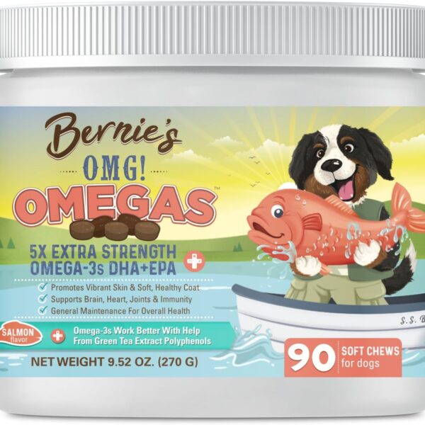 Bernie's OMG! Omegas Chews for Dogs - 5X Extra Strength DHA+EPA, Fish Oil, Healthy Skin & Coat, Allergy Relief, Joint Supplement (Salmon Flavor)