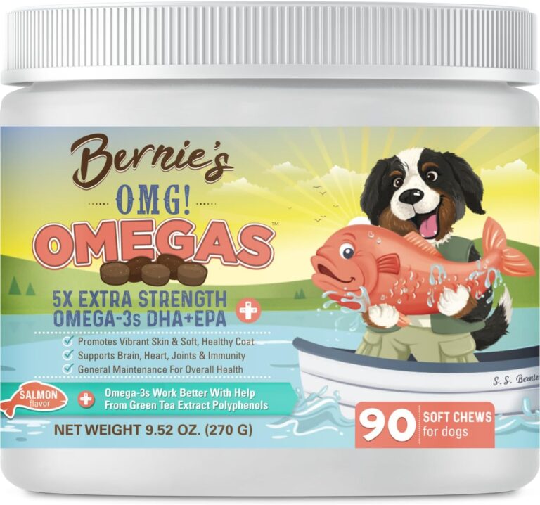 Bernie's OMG! Omegas Chews for Dogs - 5X Extra Strength DHA+EPA, Fish Oil, Healthy Skin & Coat, Allergy Relief, Joint Supplement (Salmon Flavor)