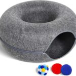 Large Cat Tunnel Bed for Indoor Cats with 3 Toys, Scratch Resistant Donut Cat Bed, Up to 30 Lbs (L 24x24x11, Dark Grey)