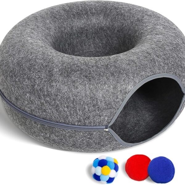 Large Cat Tunnel Bed for Indoor Cats with 3 Toys, Scratch Resistant Donut Cat Bed, Up to 30 Lbs (L 24x24x11, Dark Grey)