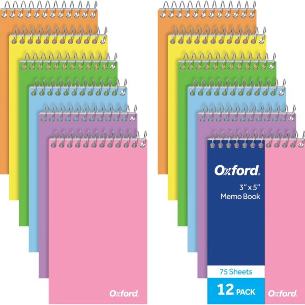 Oxford Spiral Memo Pads, Top Wire Bound, 3 x 5 Inch Pocket Notepad, College Ruled, 6 Assorted Pastel Colors, 75 Sheets, 12 Pack (25093)