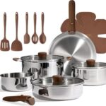 CAROTE 19pcs Stainless Steel Cookware Set with Detachable Handle, Pots and Pans Set, Induction Kitchen Cooking Sets, RV/Camping Cookware, Removable Handle, Oven Safe, Woodgrain