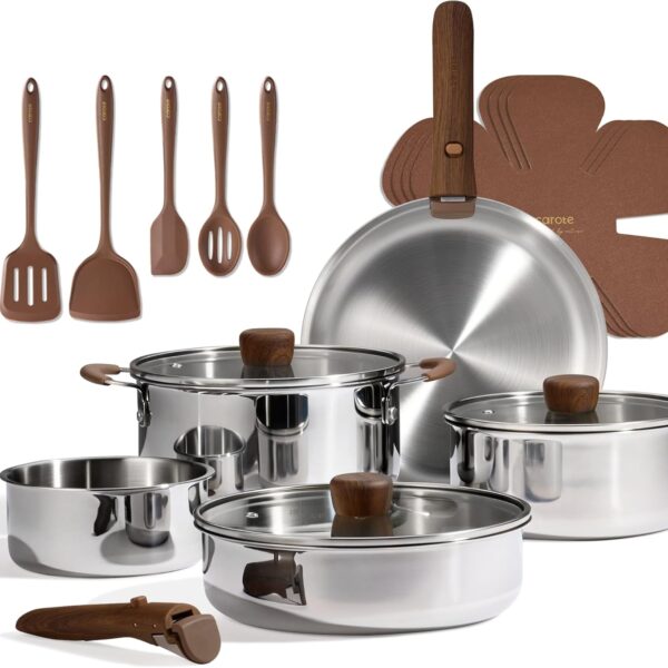 CAROTE 19pcs Stainless Steel Cookware Set with Detachable Handle, Pots and Pans Set, Induction Kitchen Cooking Sets, RV/Camping Cookware, Removable Handle, Oven Safe, Woodgrain