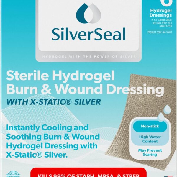 SilverSeal Burn and Wound Dressing, Hydrogel Pads with X-Static Silver, Soothing, Moist & Protective for Burns, Cuts & Wounds, 2" x 3" Sterile Dressings, 6 Count