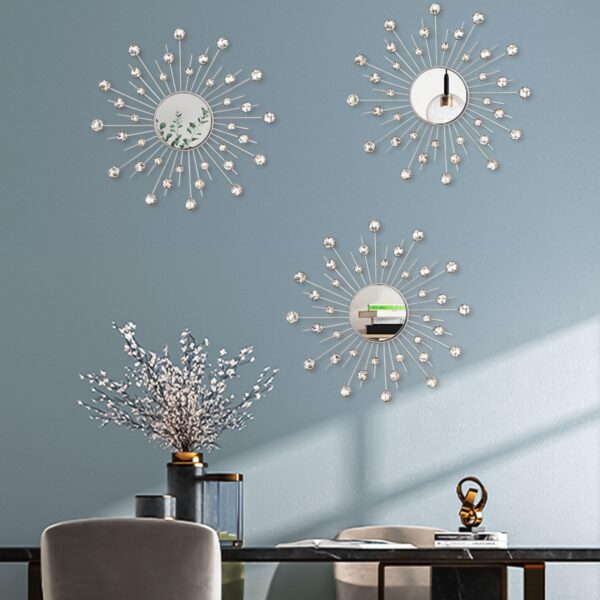 Uaussi 3 Pack Crystal Sunburst Wall Mirror Dcor Rhinestone Mirrors Decorative Home Wall Art for Living Room Bedroom Entryway(Crystals Silver)