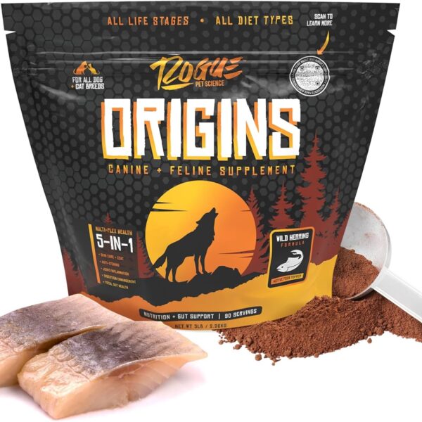 ROGUE PET SCIENCE Origins 5-in-1 Dog Supplement - Powdered Food Topper w/Natural Omega 3 Fish Oil - Supports Healthy Digestion, Skin, and Coat - Helps Reduce Itching & Joint Inflammation (5 lbs)