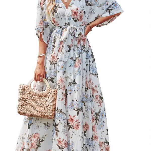 ANRABESS Womens 1/2 Sleeve Beach Wedding Guest Maxi Dresses 2026 Summer Wrap V Neck Boho Floral Flowy Slit Long Dresses