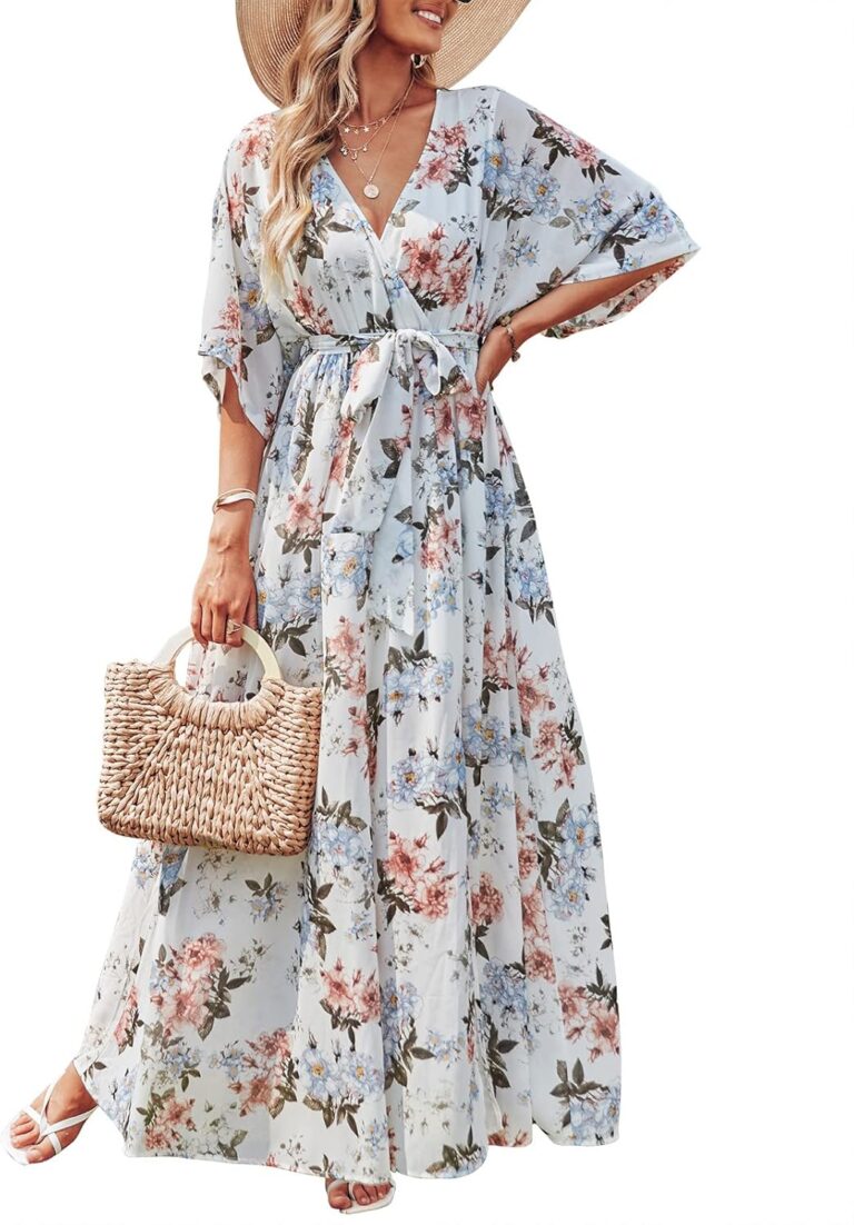 ANRABESS Womens 1/2 Sleeve Beach Wedding Guest Maxi Dresses 2026 Summer Wrap V Neck Boho Floral Flowy Slit Long Dresses