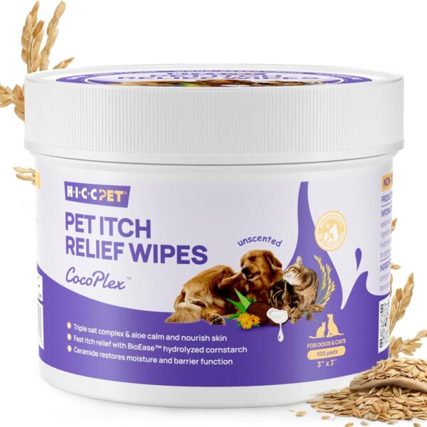 HICC PET Itch Relief Wipes for Dogs & Cats, Rapidly Relieves Itching, Soothes Hot Spots and Skin Irritations, Hypoallergenic Hot Spot Treatment Cleaning Wipes, Alleviate Dry Itchy Skin - 100 Count