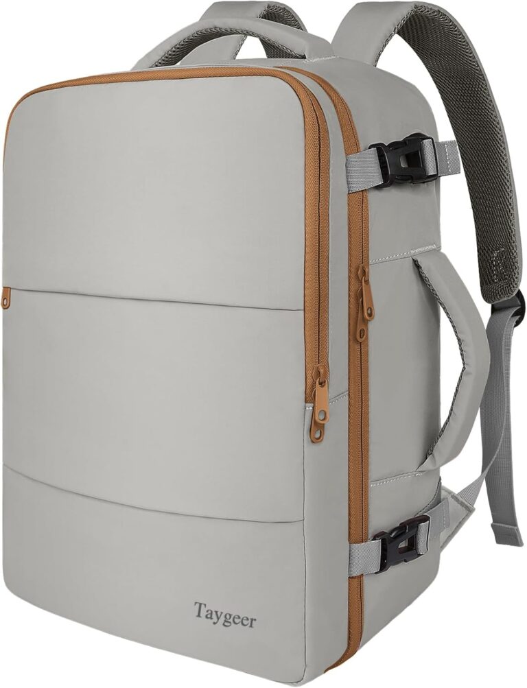 Taygeer 35L Carry On Travel Backpack for Women, Personal Item Backpack with Water Bottle Pocket, Fits 15.6 Inch Laptop, Large Weekender Bag for Women Men Hiking Gift, Dark Brown Khaki