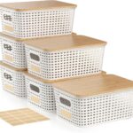 6Pcs Storage Bins with Lids, Stackable Plastic Storage Basket with Bamboo Lid, Pantry Organizer Box Small Containers for Organizing Shelves Drawer Desktop Closet Cabinet Office Classroom 10x7.1x4.1in