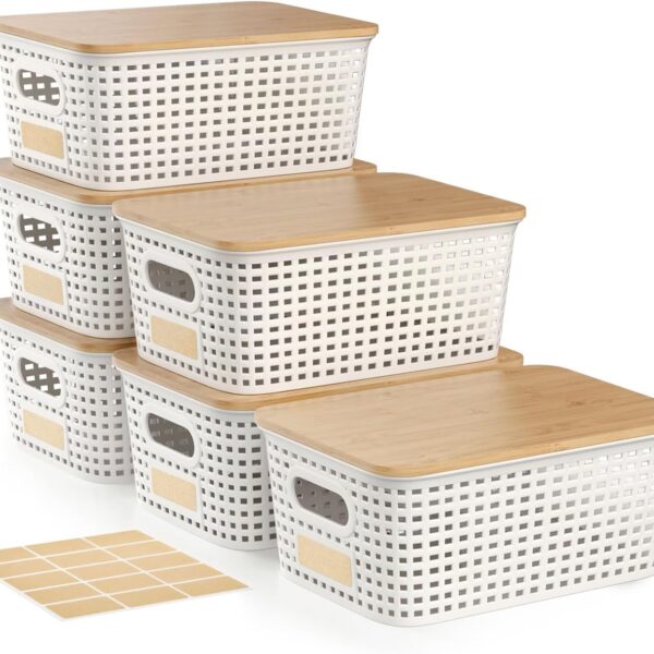 6Pcs Storage Bins with Lids, Stackable Plastic Storage Basket with Bamboo Lid, Pantry Organizer Box Small Containers for Organizing Shelves Drawer Desktop Closet Cabinet Office Classroom 10x7.1x4.1in