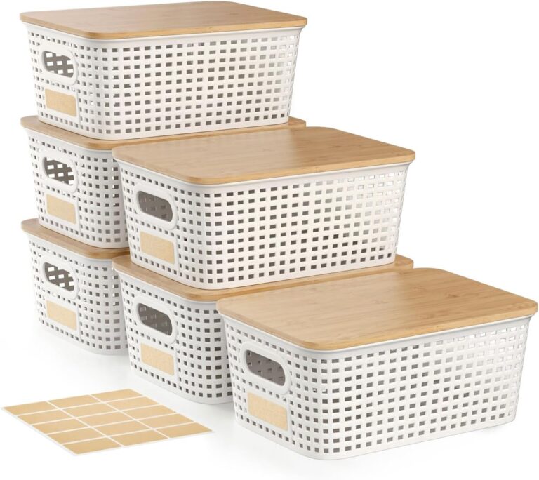6Pcs Storage Bins with Lids, Stackable Plastic Storage Basket with Bamboo Lid, Pantry Organizer Box Small Containers for Organizing Shelves Drawer Desktop Closet Cabinet Office Classroom 10x7.1x4.1in