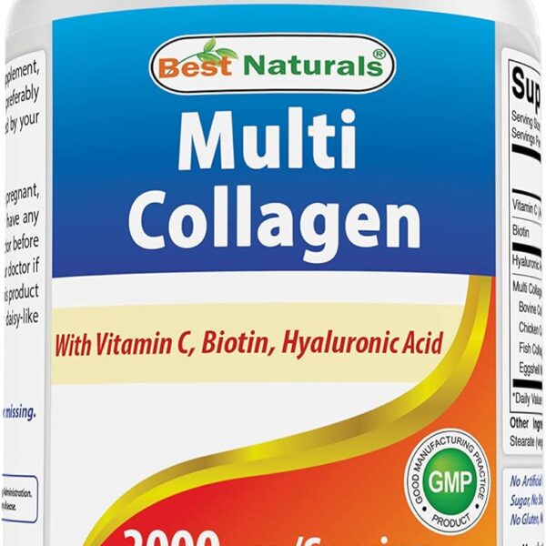 Best Naturals Multi Collagen Pills 2000mg for Women & Men - Hydrolyzed Collagen Peptides Capsules for Hair Skin and Nails with Types I II III V X, Biotin, Hyaluronic Acid & Vitamin C