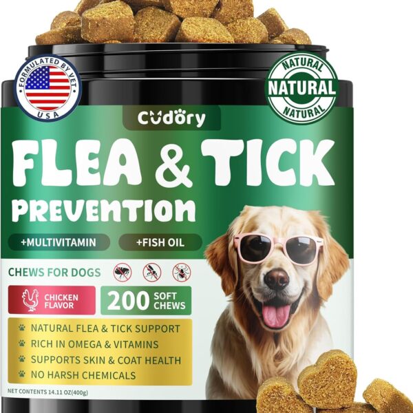 Flea and Tick Prevention for Dogs, 200 Natural Soft Chewables Flea and Tick Support with Vitamins & Fish Oil, Oral Flea Chews Supplement for Dogs -All Breeds, Puppy to Senior Dog, Chicken Flavor