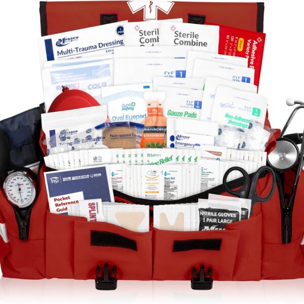 MFASCO Complete Emergency Response First Aid Kit Trauma Bag - 415 Piece Fully Stocked Supplies for Disaster Preparedness | for Business, Schools, Organizations, Groups, Home Safety (Reflective - Red)