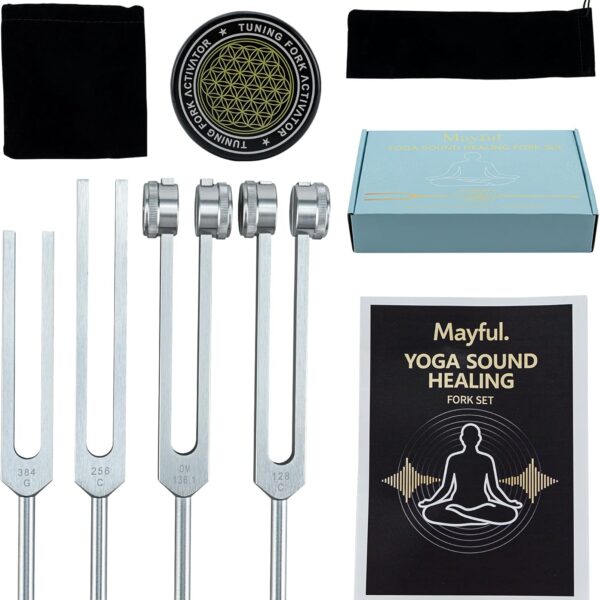 Tuning Forks for Healing Set - 128Hz, 136Hz, 256Hz, 384Hz with Activator - Weighted & Unweighted Sound Therapy Tools for Chakra Balance, Yoga, Meditation & Relaxation in Velvet Pouch