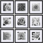 eletecpro 12x12 Picture Frames Set of 9 with Clear Acrylic Cover, Display 8x8 Photos with Mat or 12x12 Without, Classic and Sturdy Square Collage Gallery Wall Decor, Easy Wall Mount, Black