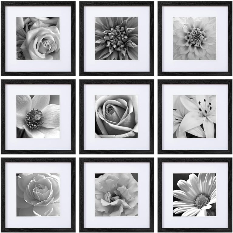 eletecpro 12x12 Picture Frames Set of 9 with Clear Acrylic Cover, Display 8x8 Photos with Mat or 12x12 Without, Classic and Sturdy Square Collage Gallery Wall Decor, Easy Wall Mount, Black