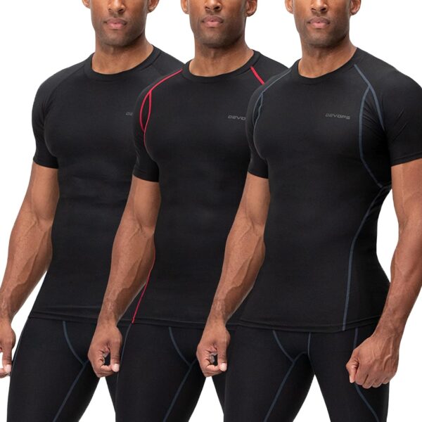 DEVOPS 3 Pack Men's Cool Dry Short Sleeve Compression Shirts, Sports Baselayer T-Shirts Tops, Athletic Workout Shirt
