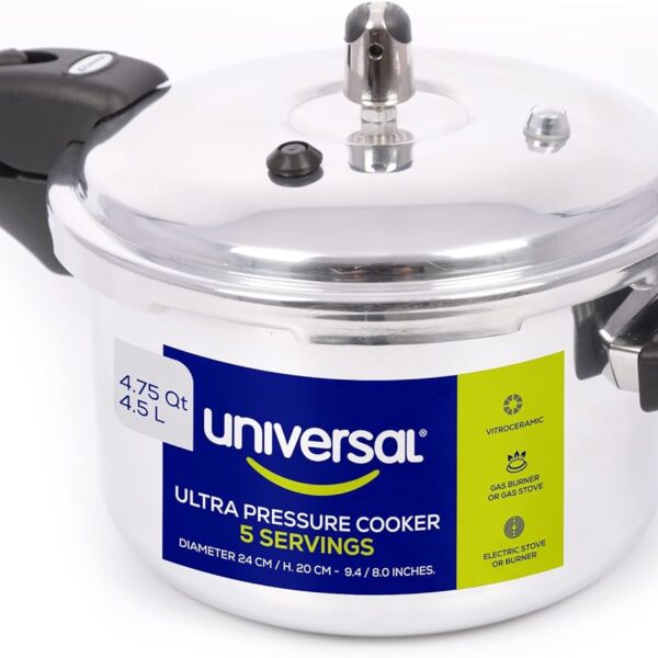 Universal (4.75 Quart / 4.5 Liter) Anti-Rust Ultra Pressure Cooker, Aluminum Pressure Cooker for 5 Servings, Even Heat Distribution, Diameter 9.4 inches, Height 8 inches