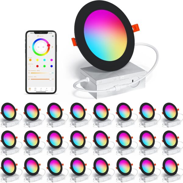 Black 24 Pack Smart Recessed Lighting 4 Inch RGBCW Color Changing 12W LED Downlight with Junction Box,1080 Lumen Recessed Ceiling Light Compatible with Alexa,Dimmable by Bluetooth Control