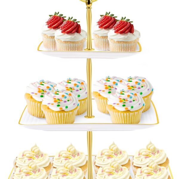 Hoedia 3 Tier Cupcake Stand Tower, Plastic White Cup Cake Holder for Dessert stands, Tiered Serving Tray for Tea Party, Birthday Party, Wedding Decor and Baby Shower(Square)