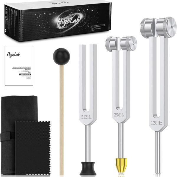 Tuning Forks for Healing Set (128Hz, 256Hz, 512Hz), with Percussion Hammer Mallet, Crystal Base & Storage Pouch, Sound Therapy Instrument for Chakra/Yoga/Meditation
