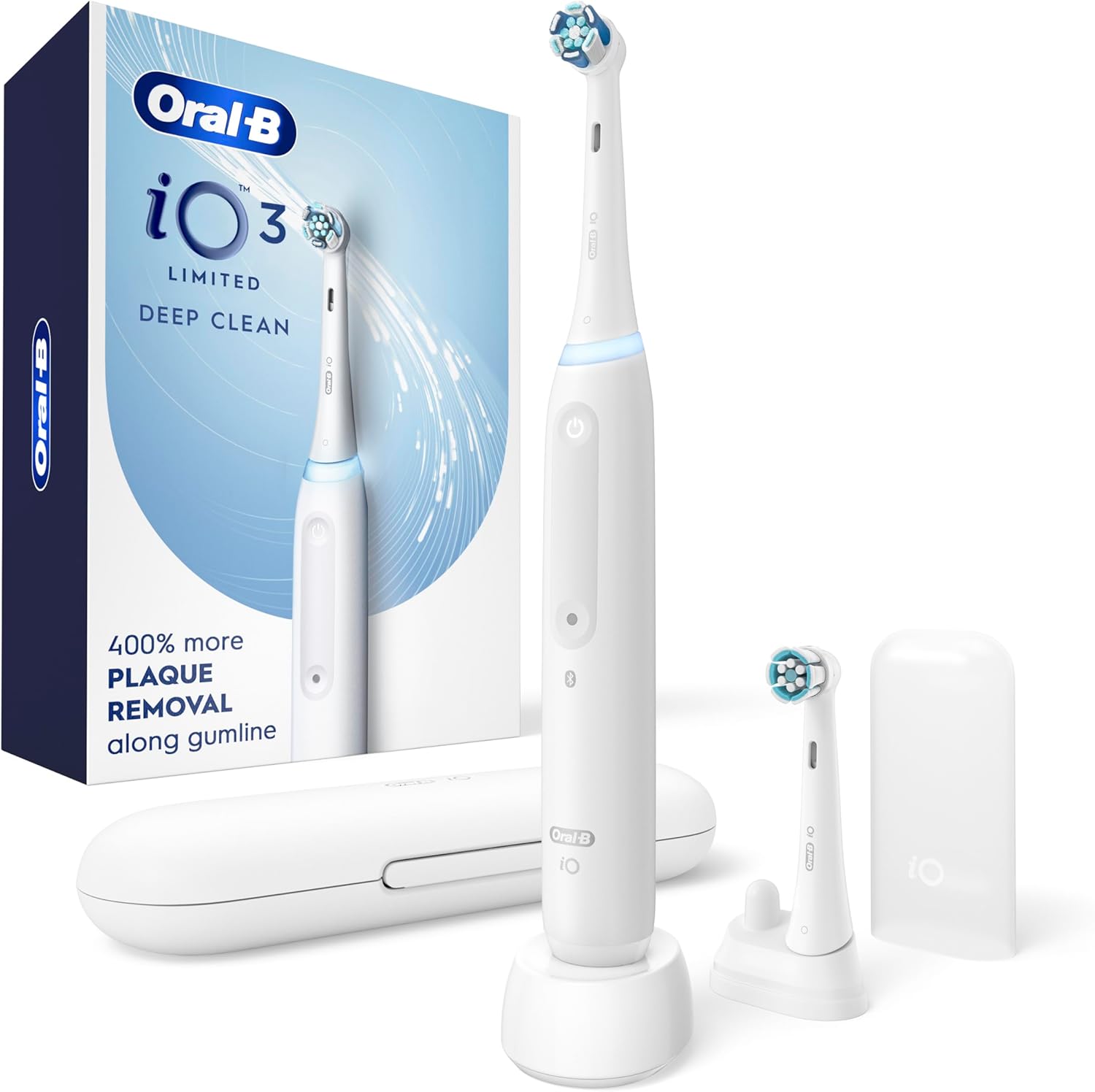 Oral-B Rechargeable Electric Toothbrush, iO3 Limited Deep Clean, 3 Cleaning Modes, Visual Pressure Sensor to Protect Gums, 2 Brush Heads, Travel Case, White Oral-B Rechargeable Electric Toothbrush, iO3 Limited Deep Clean, 3 Cleaning Modes, Visual Pressure Sensor to Protect Gums, 2 Brush Heads, Travel Case, White
