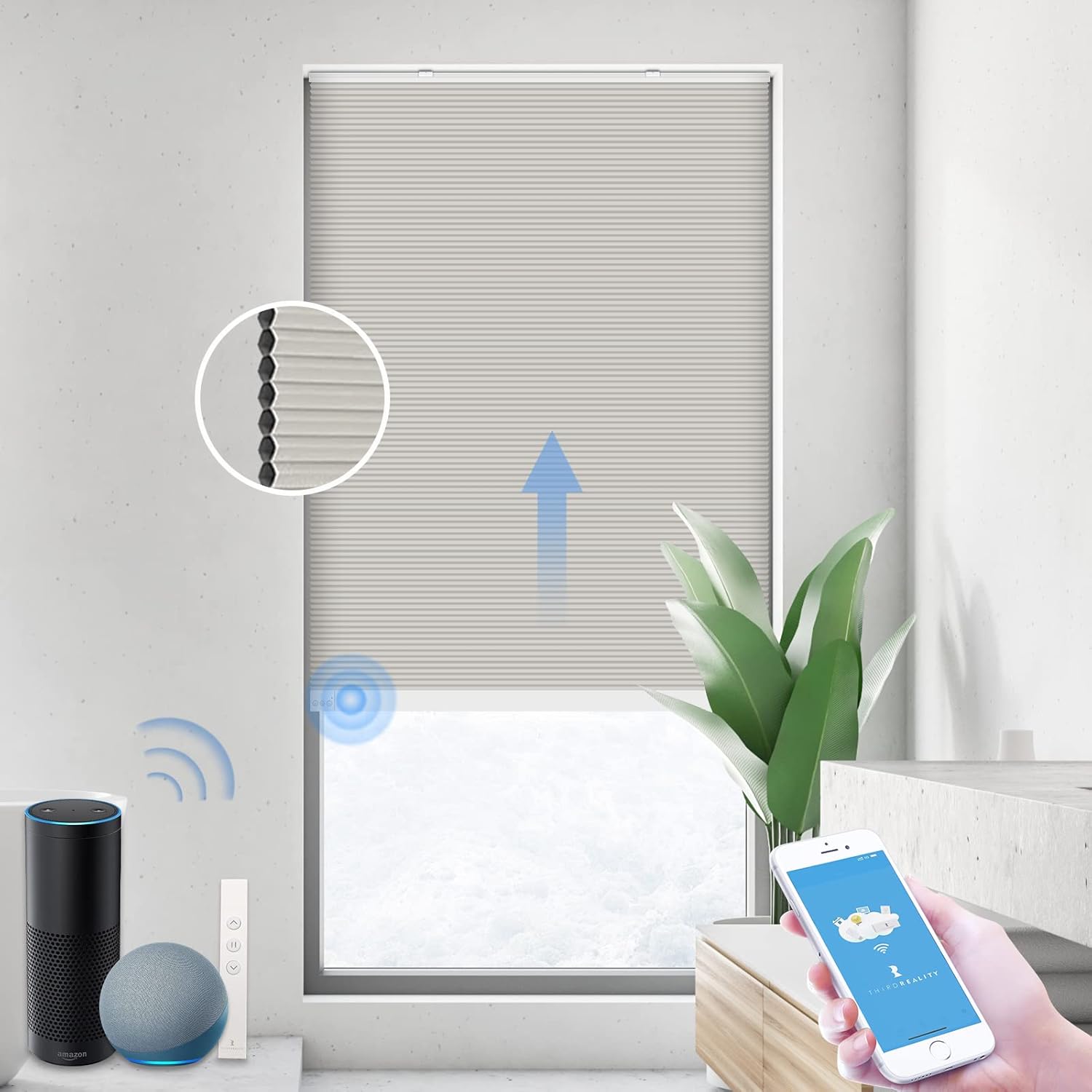 THIRDREALITY ZigBee Smart Blind, Motorized Blackout Window Shades with Remote, Cordless Honeycomb Blinds, Automatic Height Setting, AA Batteries Powered, 29" W x 72" H Beige/White THIRDREALITY ZigBee Smart Blind, Motorized Blackout Window Shades with Remote, Cordless Honeycomb Blinds, Automatic Height Setting, AA Batteries Powered, 29" W x 72" H Beige/White