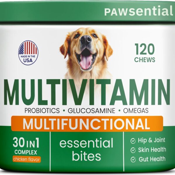 Dog Vitamins + Glucosamine - Chewable Multivitamins + Probiotics, Omega - Hip & Joint Support, Skin & Coat, Gut Health - Adult & Senior - Large & Small Breed - 120 Chews