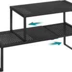 SONGMICS Spice Racks, Set of 2 Expandable Kitchen Countertop Shelves, Small Cupboard Organizers, Metal, Space-Saving Tabletop Shelves, Matte Black UKCS402B01