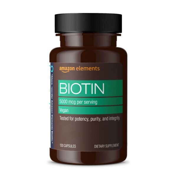 Amazon Elements Vegan Biotin 5000 mcg for Hair, Skin, and Nails, 130 Capsules, 4 Month Supply (Packaging may vary)