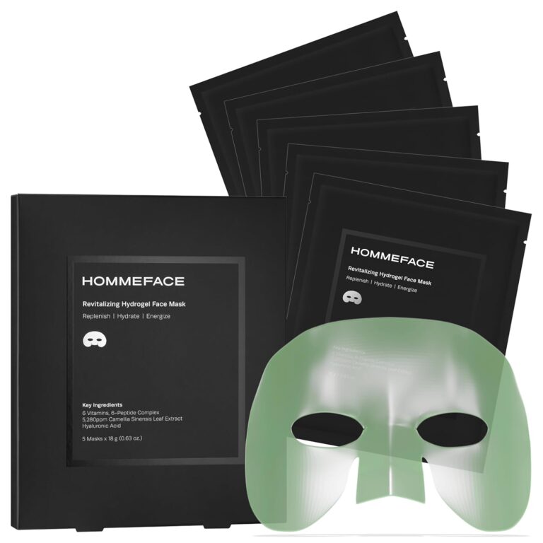 HommeFace Mens Revitalizing Hydrogel Facial Mask Set (5ct) - Hydrating, Beard-Friendly, Anti-Aging, Soothing Face Sheet Masks - Korean Skincare Technology with Hyaluronic Acid, Vitamins & Peptides