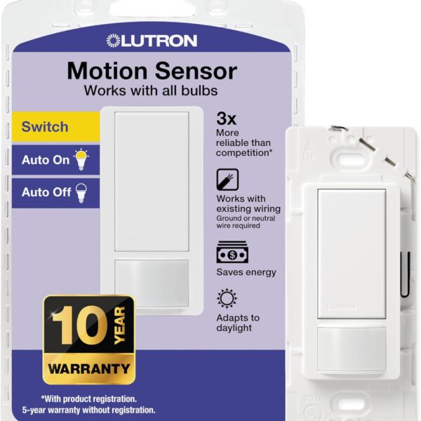 Lutron Maestro Motion Sensor Light Switch Indoor for Bathroom, Garage, Laundry Room, Any Bulbs, Occupancy Vacancy Sensor, Single-Pole, MS-OPS2-WH, White