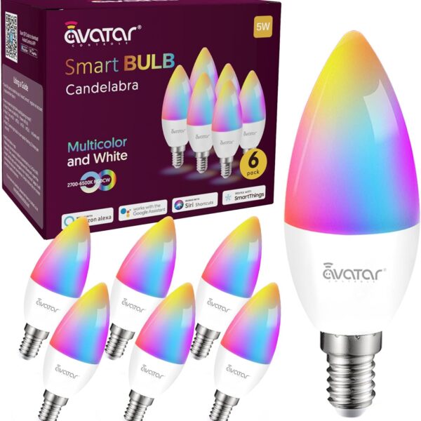 6 Pack E12 Smart Candelabra Light Bulbs  RGB + Tunable White Type B Smart LED Bulb Music Sync, Schedule & Group Control, Candle Bulb Compatible with Alexa & Google Home for Chandelier, 5W (50W Eq.)