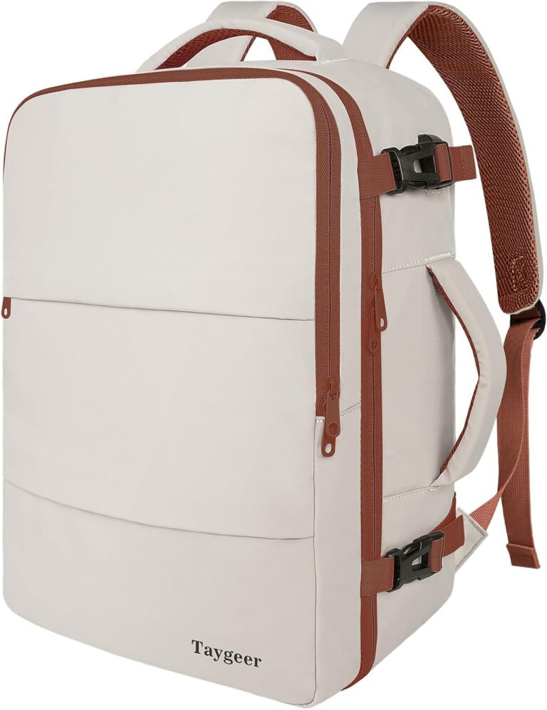 Taygeer Backpack for Women, College Backpack with Laptop Compartment & Shoe Pouch, 35l Travel Laptop Mochila Carry On Luggage, Airline Approved Personal Item Bag For Weekender Gym Hiking, Khaki White
