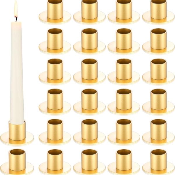 24 Pcs Golden Taper Candle Holders Bulk for 0.98 in Pillar Candles Wedding Metal Short Candlestick Holder Gold Centerpieces Decoration for Wedding Anniversary Dinner Party
