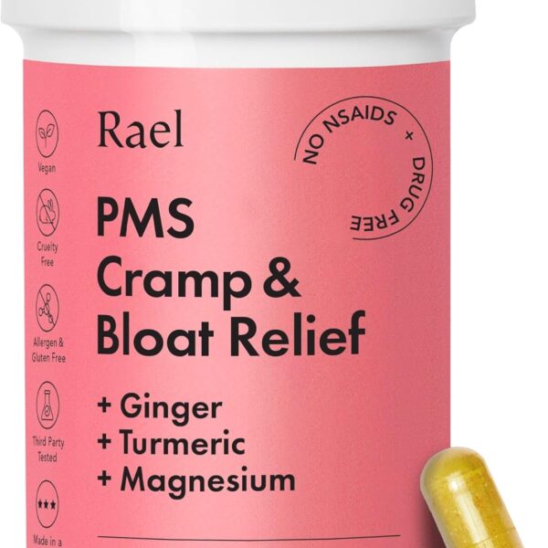 Rael PMS Supplement, Hormone Balance for Women, Relief from Menstrual Cramps with Turmeric, Ginger, Magnesium (28 Capsules)
