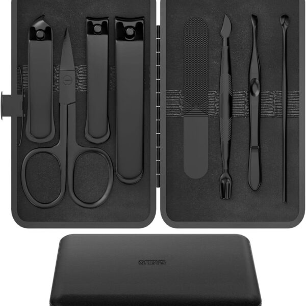 Precision 8 Pieces Mens Nail Grooming Travel Kit, Stainless Steel Manicure Set with Fingernail & Toenail Clippers, Nail File, Slant Tip Tweezers, Cuticle Scissors, Cuticle Pusher, Travel Case