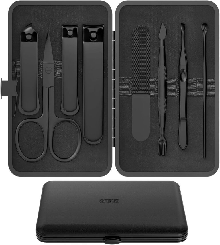 Precision 8 Pieces Mens Nail Grooming Travel Kit, Stainless Steel Manicure Set with Fingernail & Toenail Clippers, Nail File, Slant Tip Tweezers, Cuticle Scissors, Cuticle Pusher, Travel Case