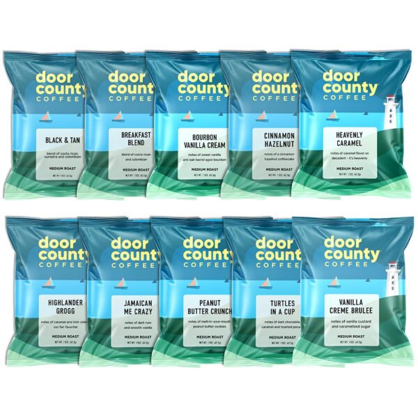 Gourmet Flavored Coffee Sampler Pack - 10 Bags of Unique Flavored Coffees 100% Specialty Grade 1 Arabica -1.5 oz Full-Pot Bags - Roasted by Door County Coffee