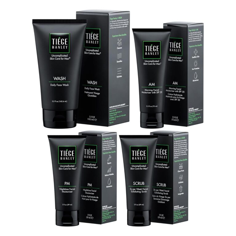Tiege Hanley 90 Day Large Skin Care Set for Men, Essential Routine, System Level 1, Daily Face Wash, Facial Scrub, Moisturizer With SPF, and Night Cream for Healthy Skin, Mens Skin Care, 4 Piece Kit